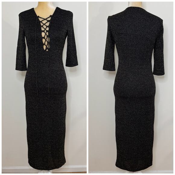 Bardot Lace Up Ribbed Sheath Midi Dress Size 6 Black Gold Half Sleeve Stretch - Picture 1 of 13